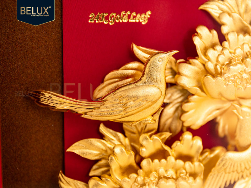 Tranh Đôi Chim Hỷ Tước Mẫu Đơn Dát Vàng 24k- 24x24 cm